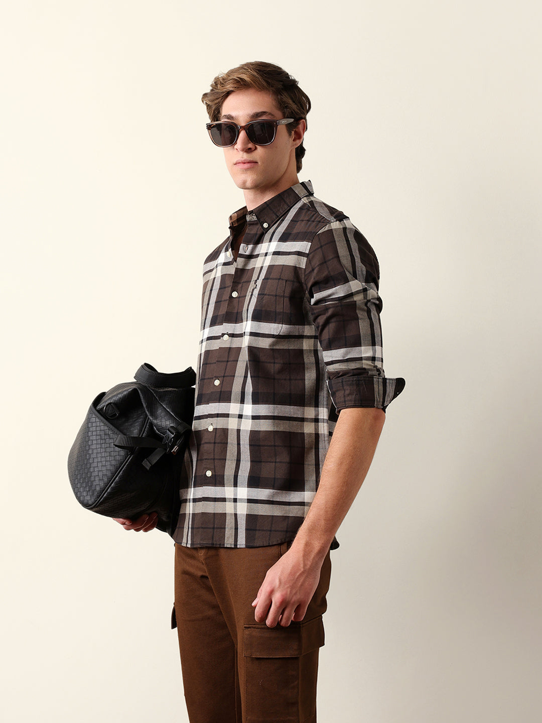 Brown Woven Checkered Slim Fit Casual Shirt