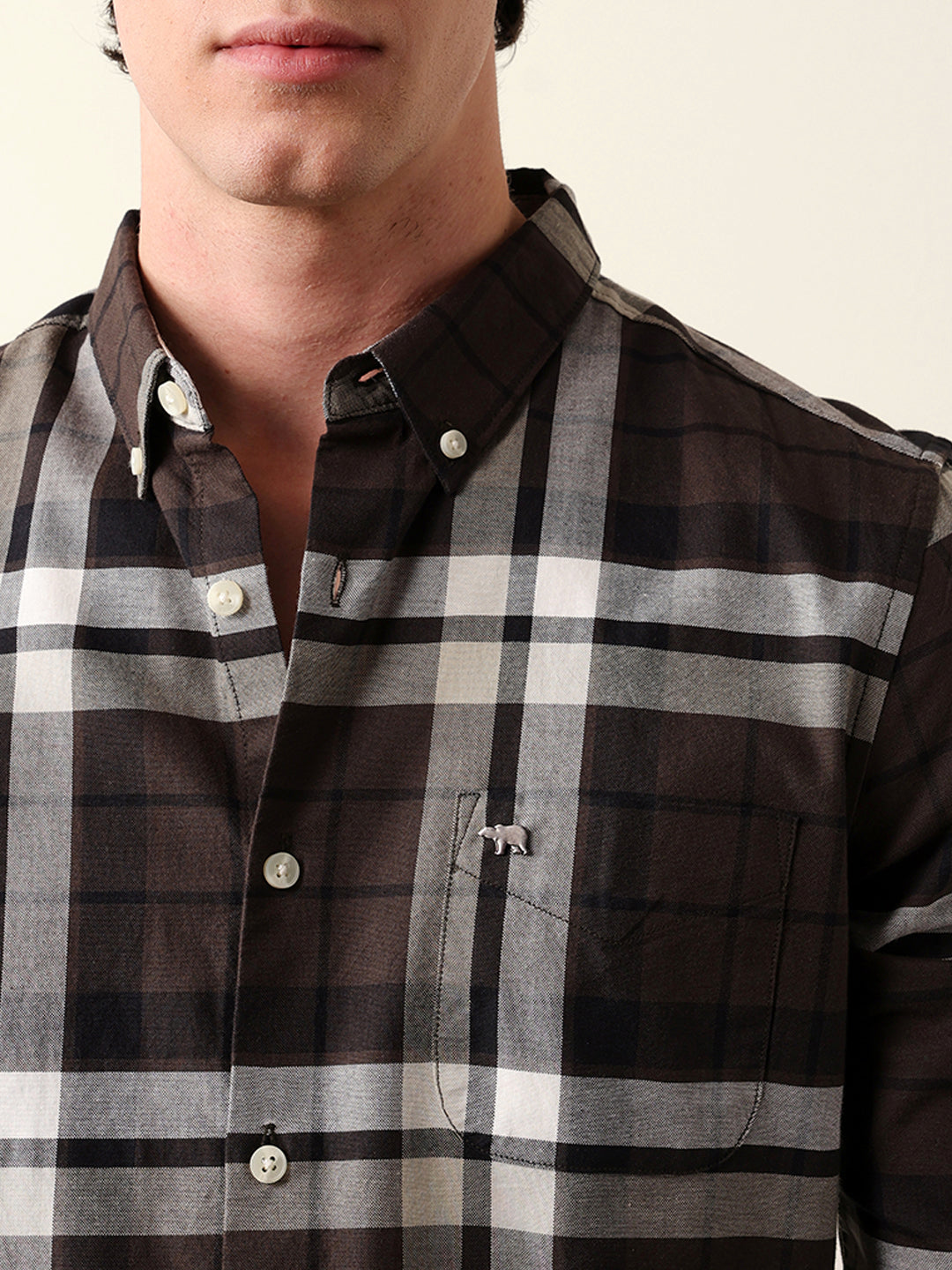 Brown Woven Checkered Slim Fit Casual Shirt