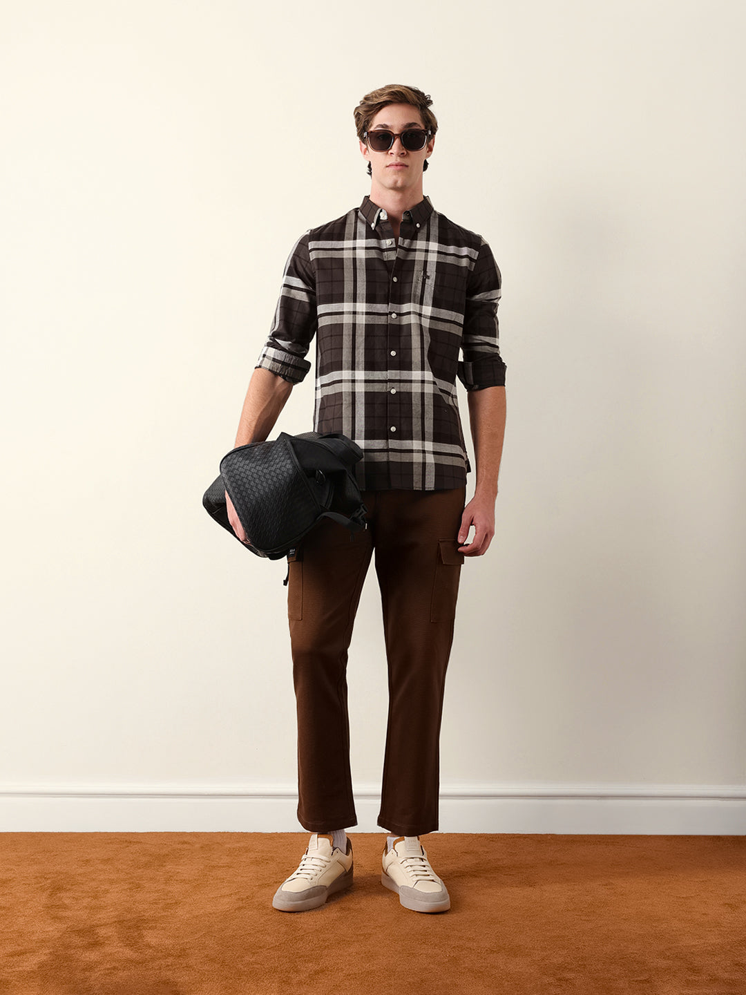 Brown Woven Checkered Slim Fit Casual Shirt