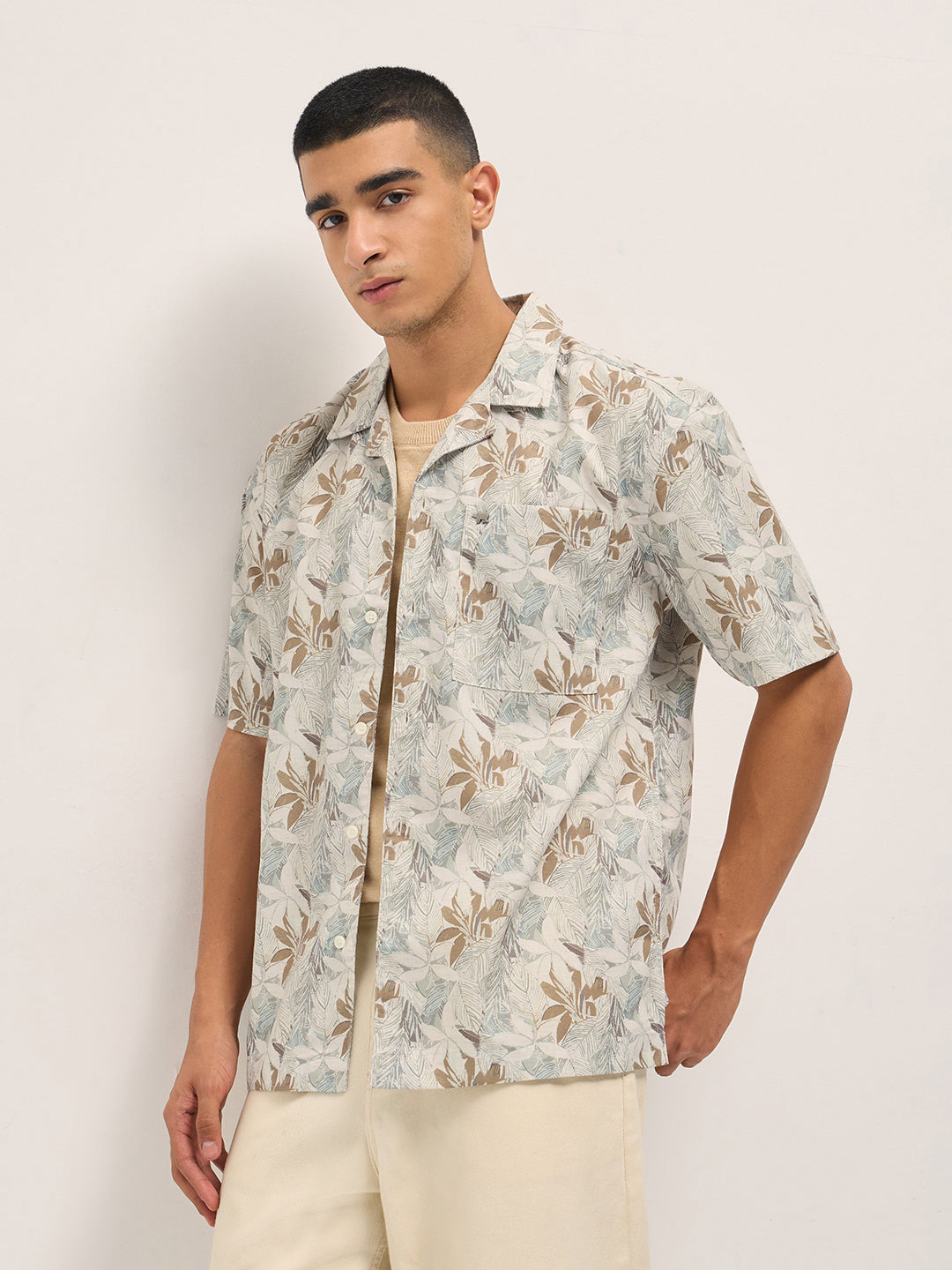 Multicolor Tropical Leaf Print Oversized Fit Half Sleeve Shirt