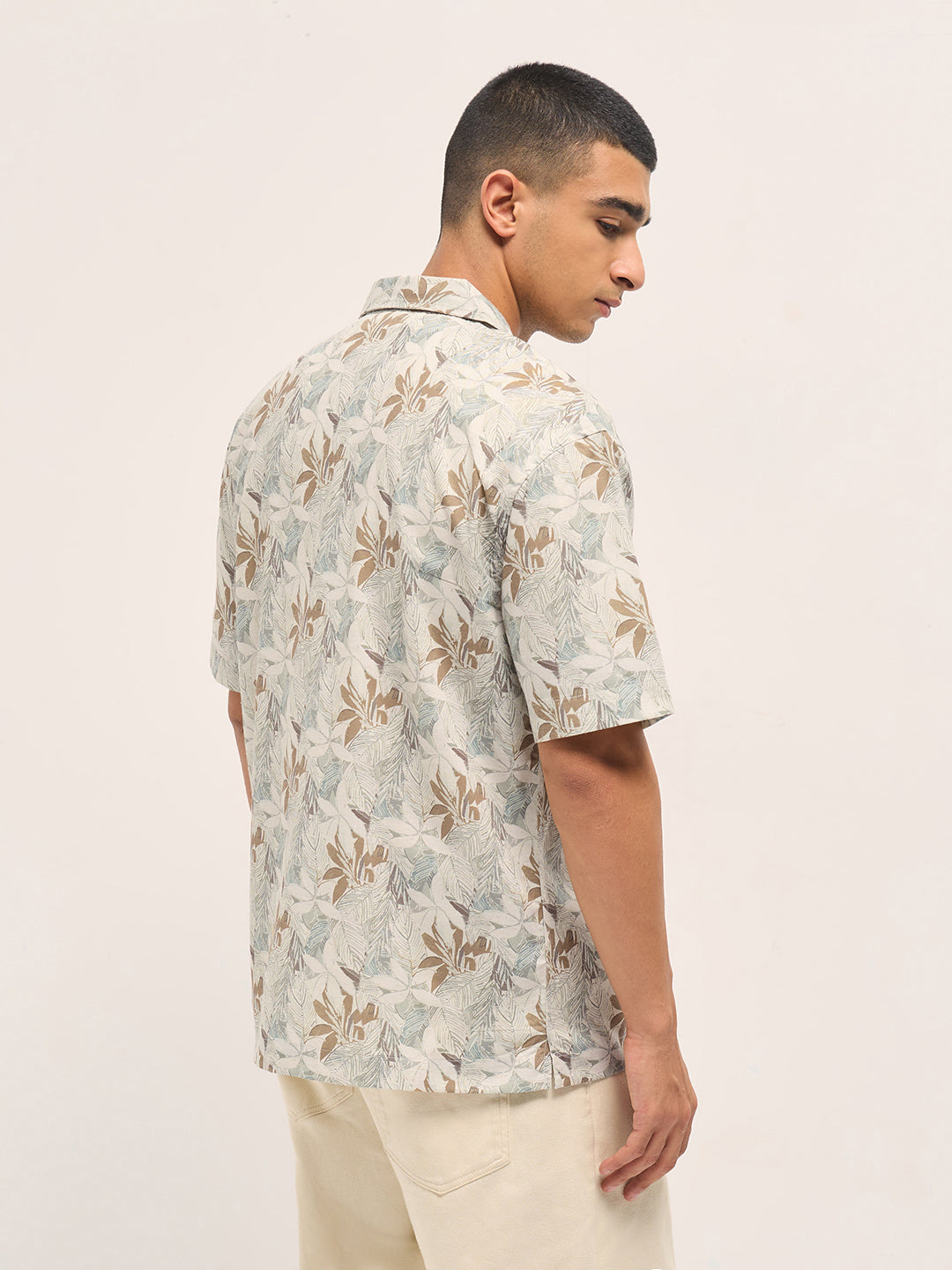 Multicolor Tropical Leaf Print Oversized Fit Half Sleeve Shirt