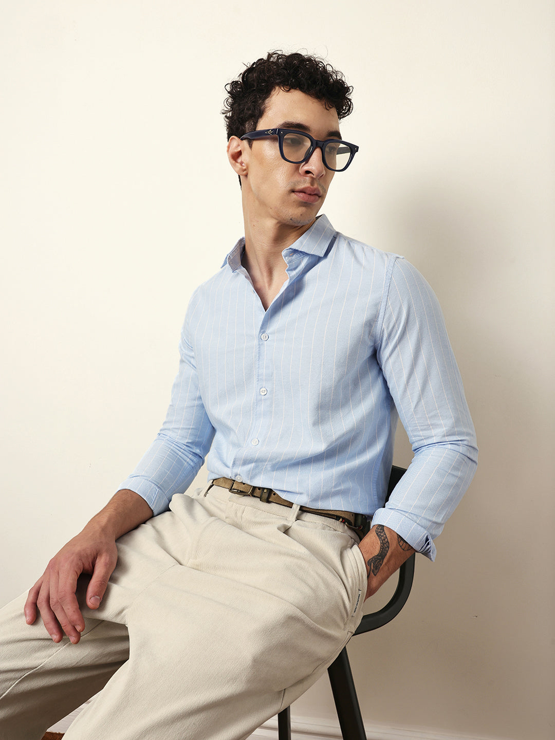 Light Blue Vertical Woven Stripe Slim Fit Casual Shirt