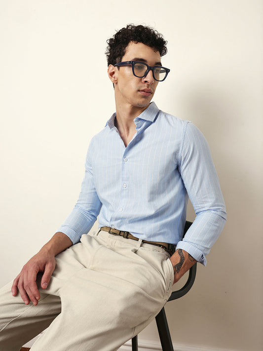 Light Blue Vertical Woven Stripe Slim Fit Casual Shirt