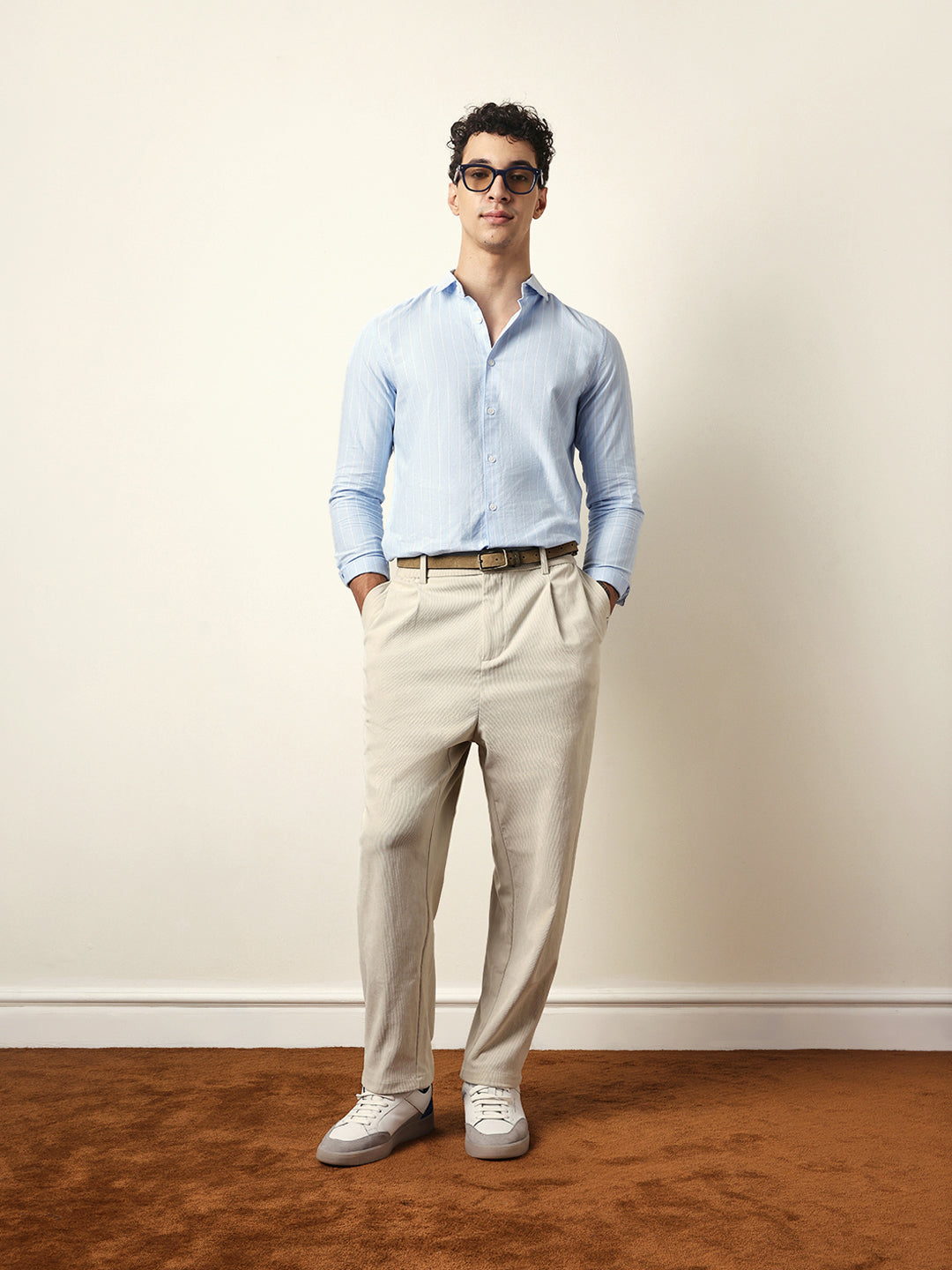 Light Blue Vertical Woven Stripe Slim Fit Casual Shirt