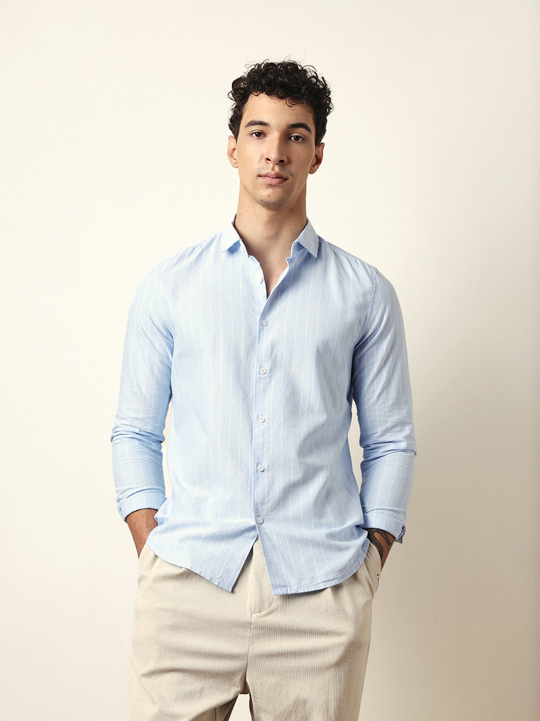 Light Blue Vertical Woven Stripe Slim Fit Casual Shirt