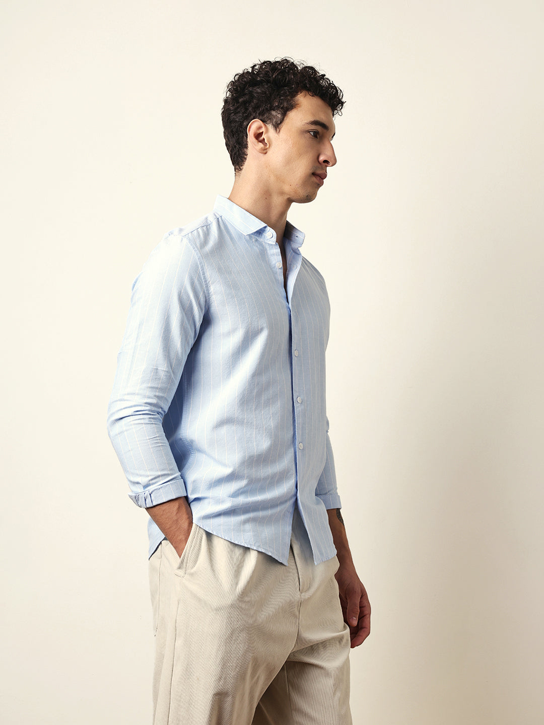 Light Blue Vertical Woven Stripe Slim Fit Casual Shirt