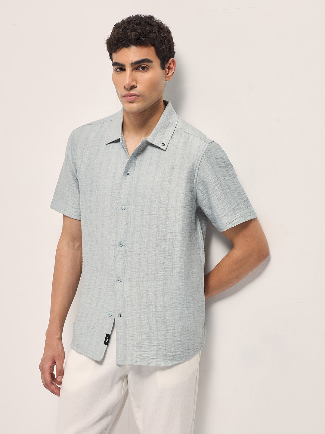 Light Blue Crinkled Textured Regular Fit Half-Sleeve Casual Shirt