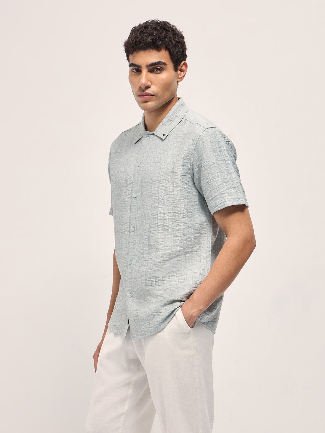 Light Blue Crinkled Textured Regular Fit Half-Sleeve Casual Shirt