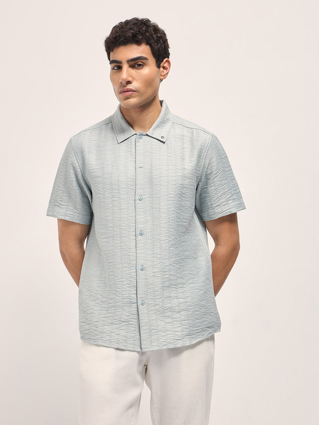 Light Blue Crinkled Textured Regular Fit Half-Sleeve Casual Shirt