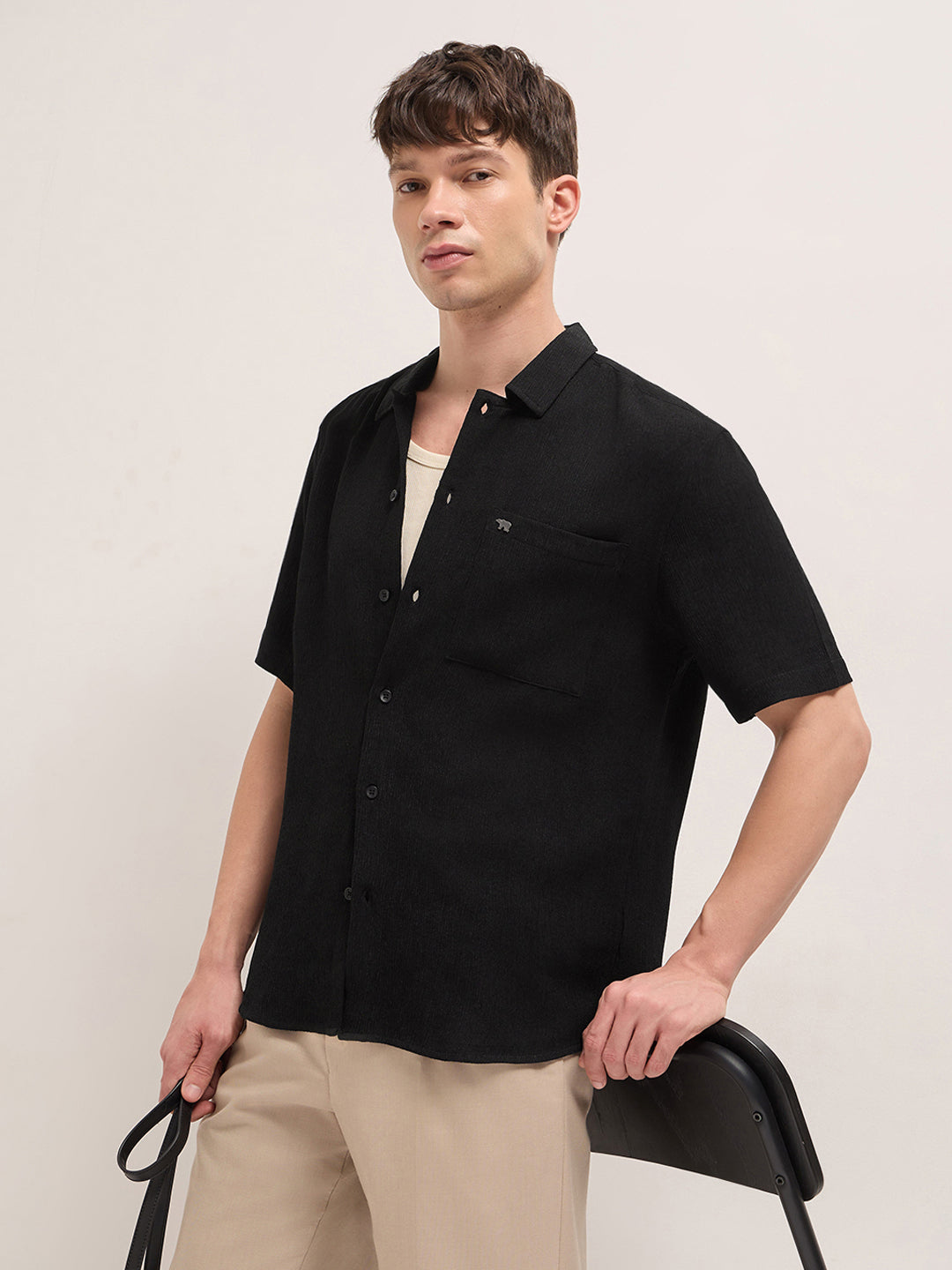 Black Relaxed Fit Half Sleeve Casual Shirt with Textured Woven Design