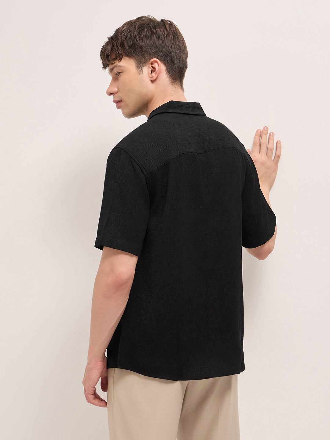 Black Relaxed Fit Half Sleeve Casual Shirt with Textured Woven Design