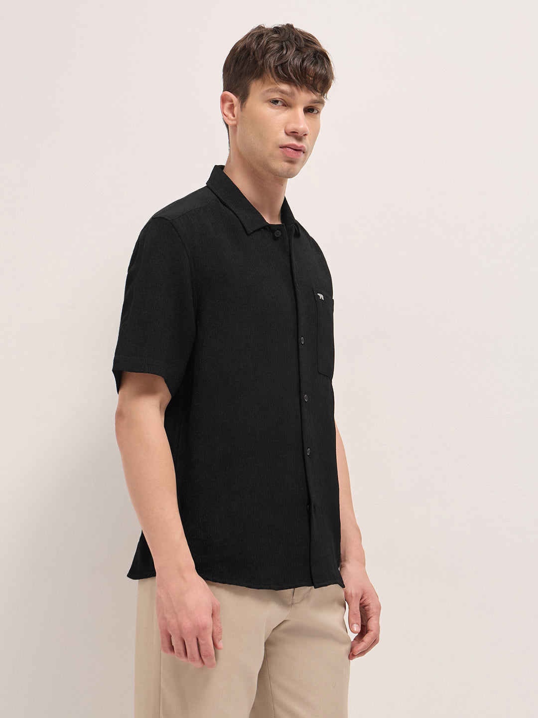 Black Relaxed Fit Half Sleeve Casual Shirt with Textured Woven Design