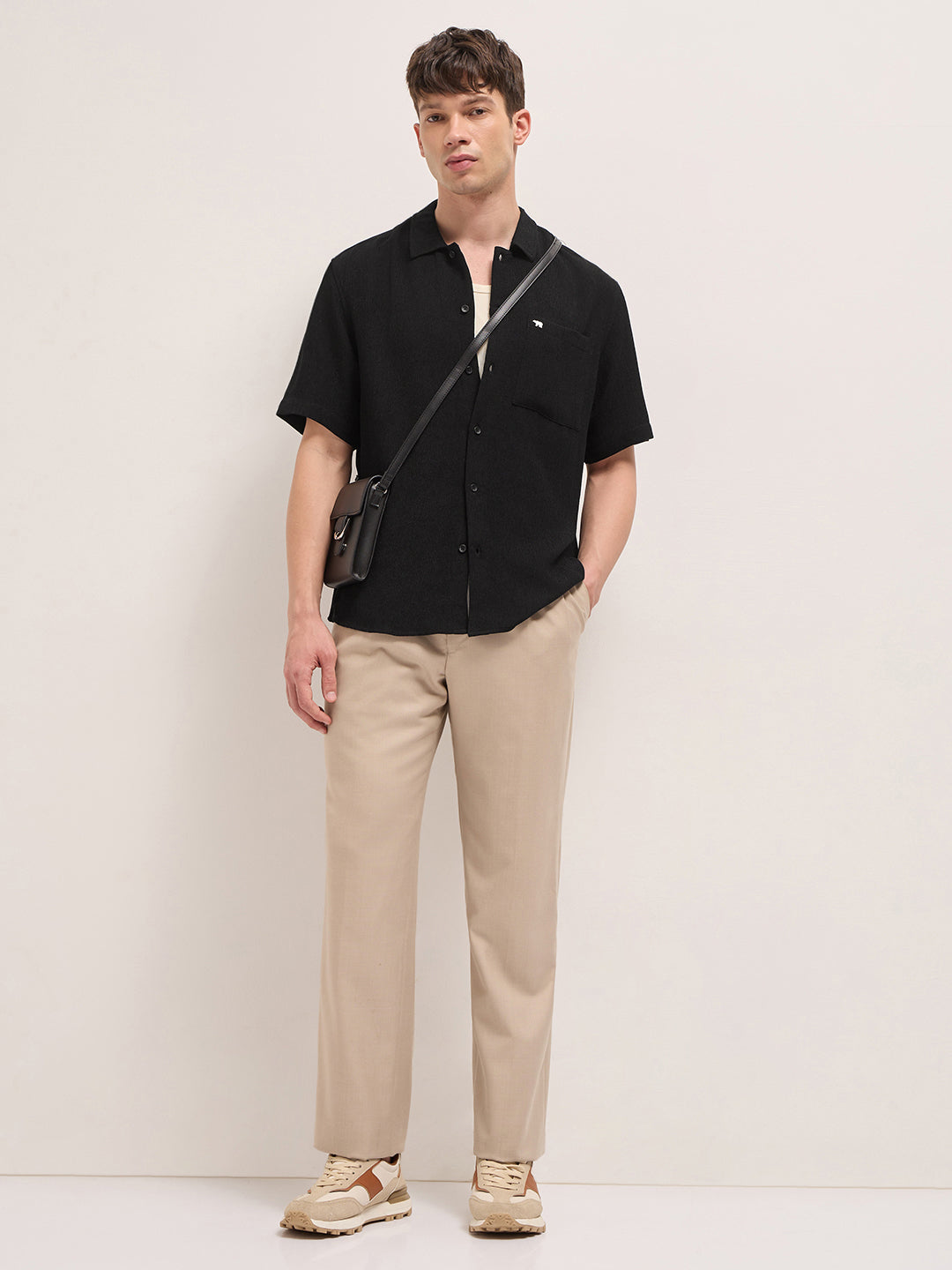 Black Relaxed Fit Half Sleeve Casual Shirt with Textured Woven Design