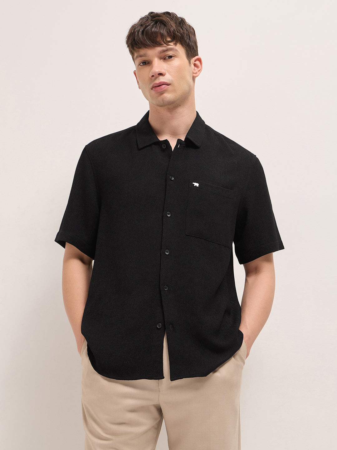 Black Relaxed Fit Half Sleeve Casual Shirt with Textured Woven Design