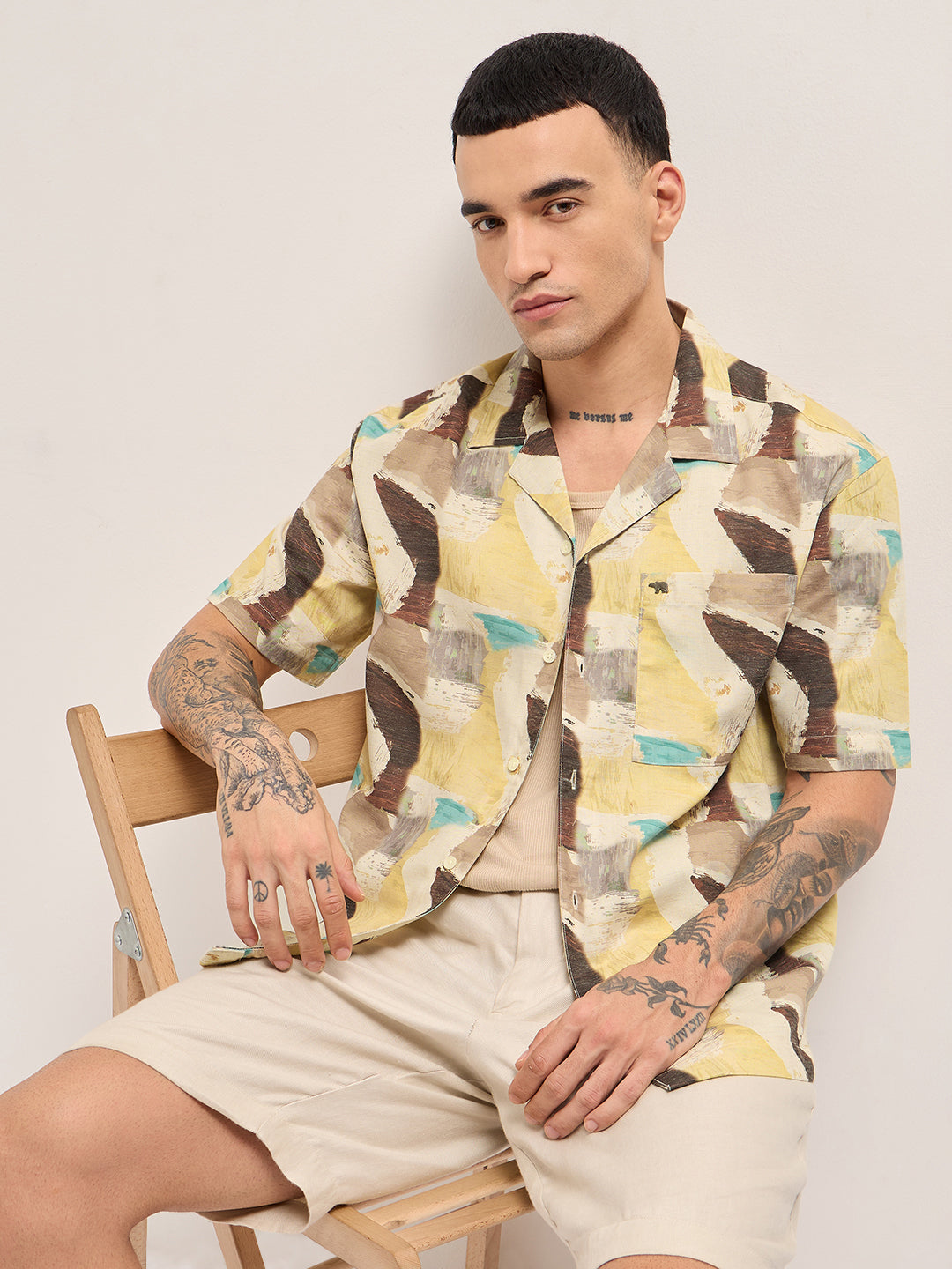 Multicolor Abstract Brushstroke Print Oversized Fit Cuban Collar Shirt