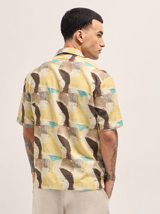 Multicolor Abstract Brushstroke Print Oversized Fit Cuban Collar Shirt