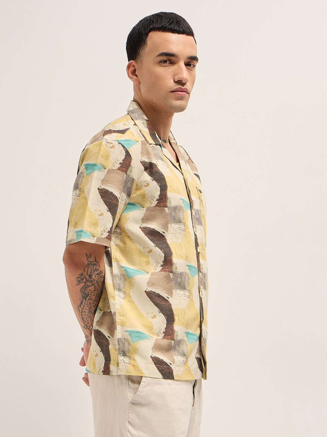 Multicolor Abstract Brushstroke Print Oversized Fit Cuban Collar Shirt
