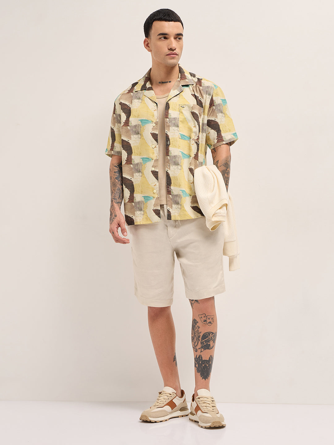 Multicolor Abstract Brushstroke Print Oversized Fit Cuban Collar Shirt