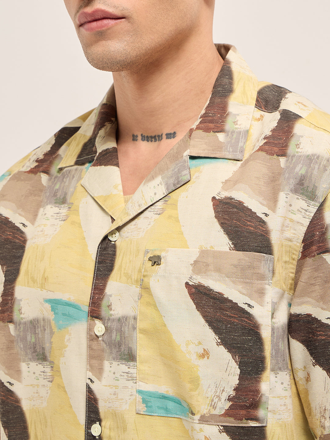Multicolor Abstract Brushstroke Print Oversized Fit Cuban Collar Shirt