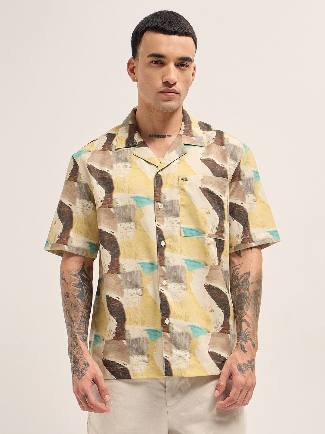 Multicolor Abstract Brushstroke Print Oversized Fit Cuban Collar Shirt