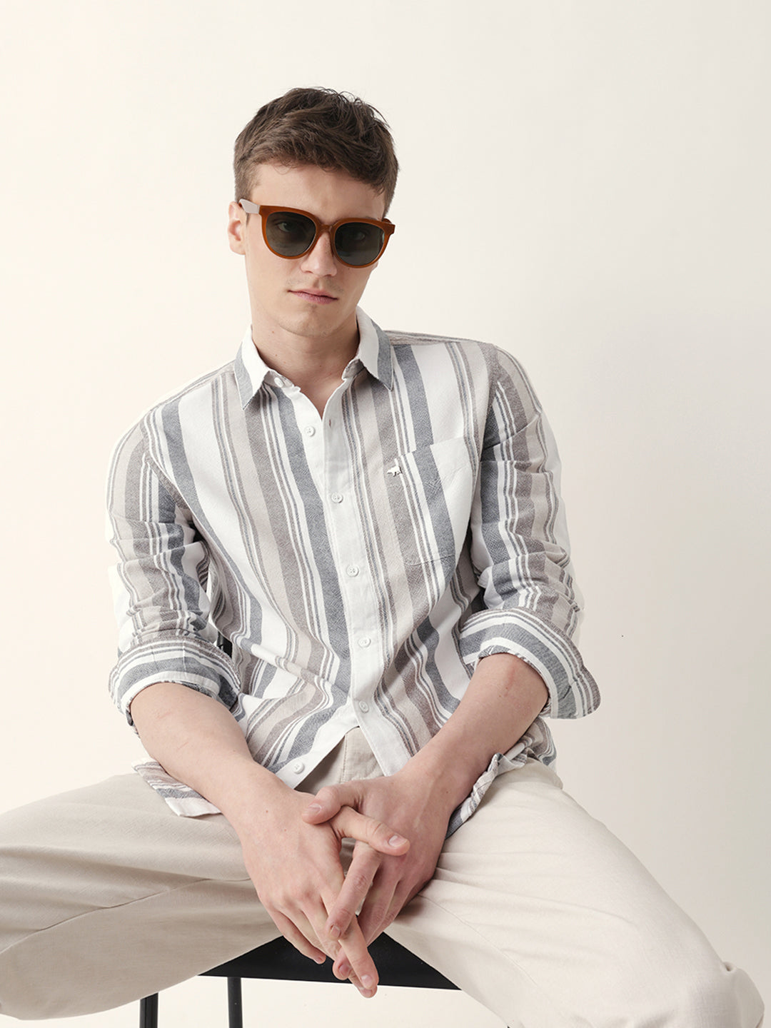 Multicolor Vertical Woven Stripe Slim Fit Casual Shirt