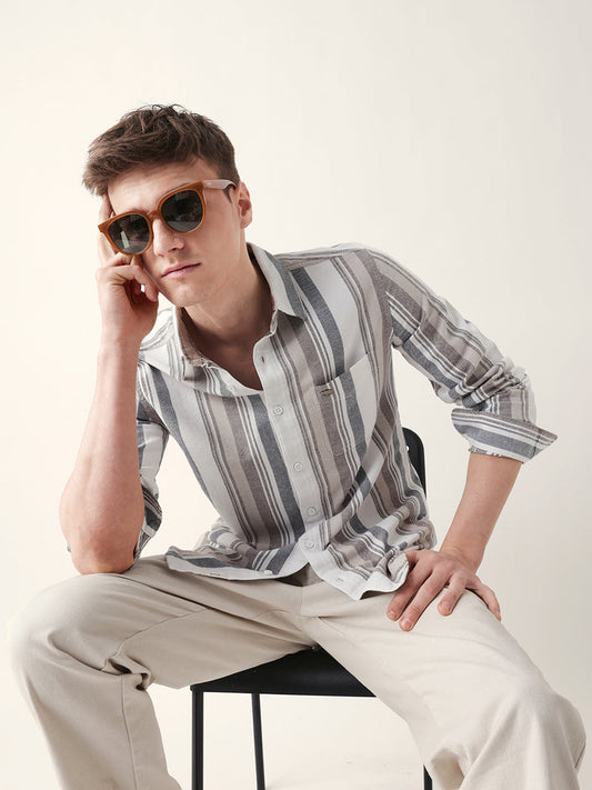 Multicolor Vertical Woven Stripe Slim Fit Casual Shirt
