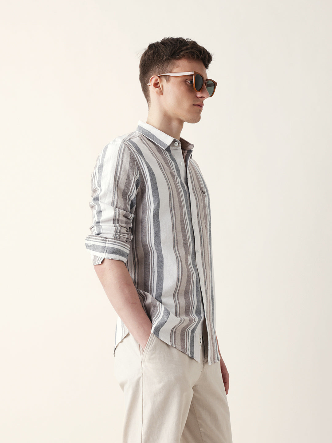 Multicolor Vertical Woven Stripe Slim Fit Casual Shirt