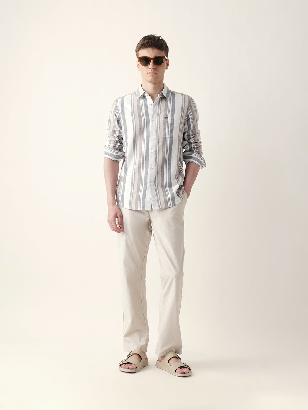 Multicolor Vertical Woven Stripe Slim Fit Casual Shirt