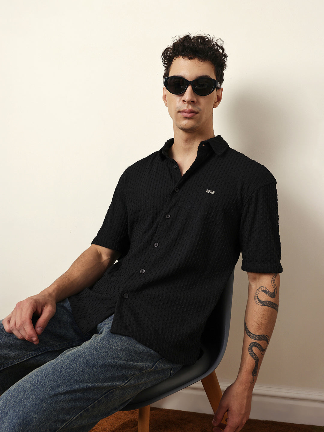 Black Textured Woven Oversized Fit Half Sleeve Casual Shirt
