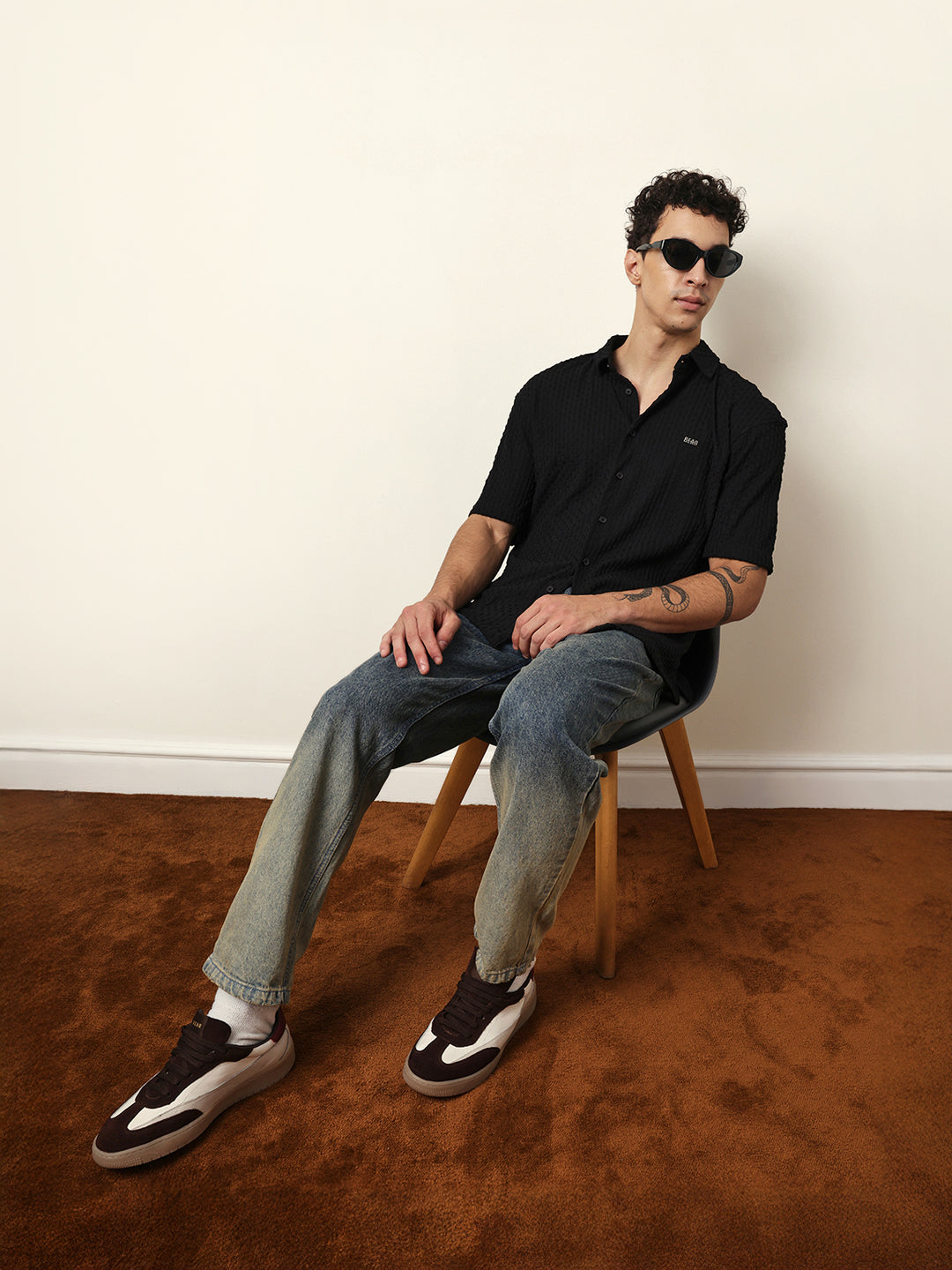 Black Textured Woven Oversized Fit Half Sleeve Casual Shirt