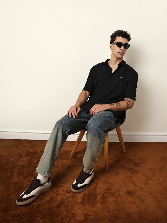 Black Textured Woven Oversized Fit Half Sleeve Casual Shirt