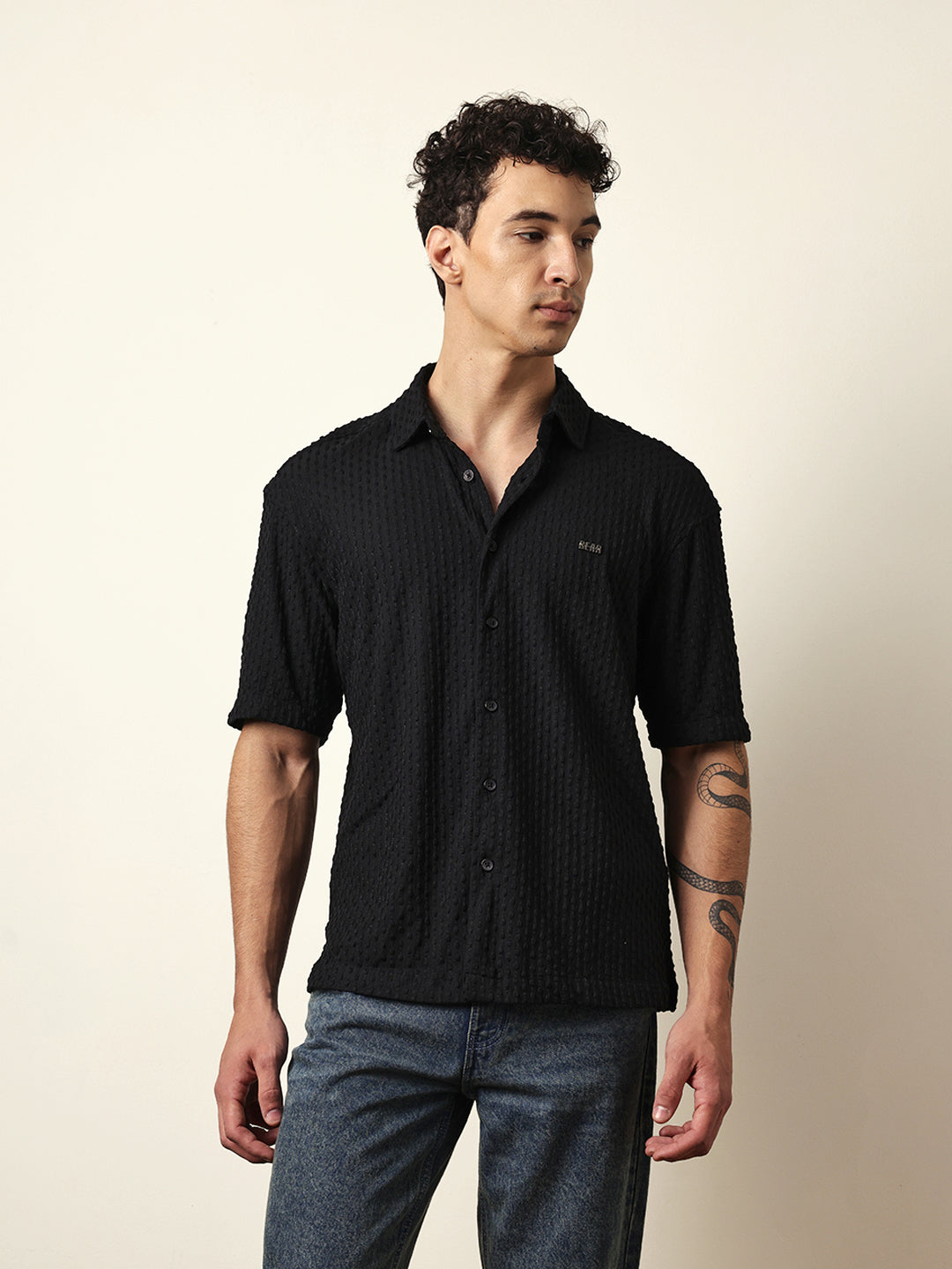 Black Textured Woven Oversized Fit Half Sleeve Casual Shirt