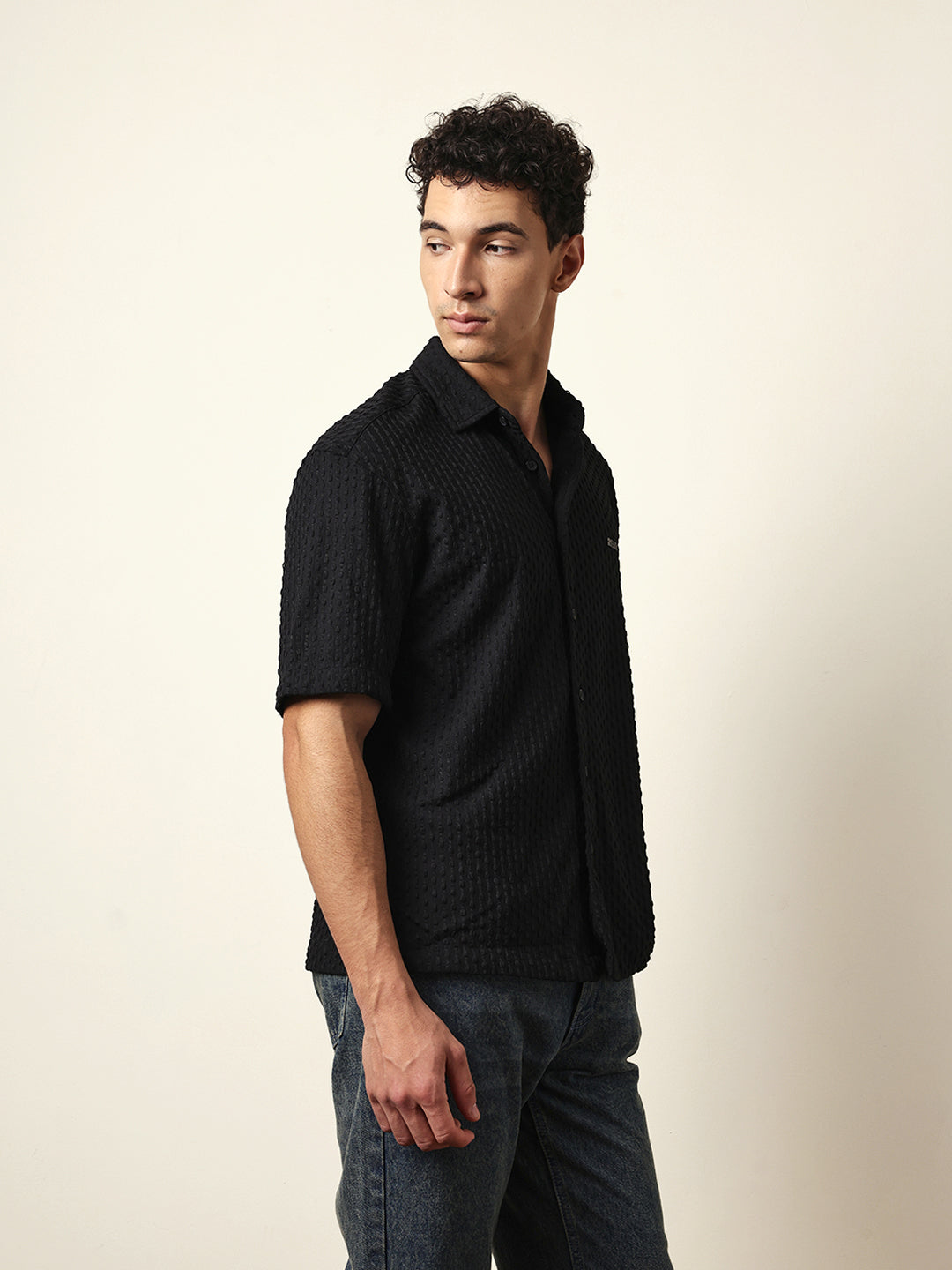 Black Textured Woven Oversized Fit Half Sleeve Casual Shirt