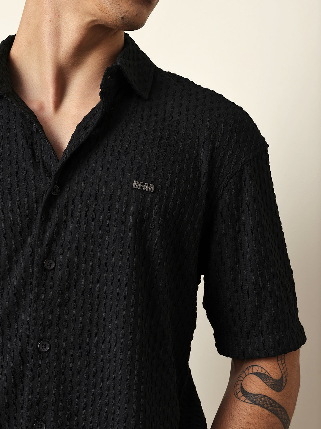 Black Textured Woven Oversized Fit Half Sleeve Casual Shirt