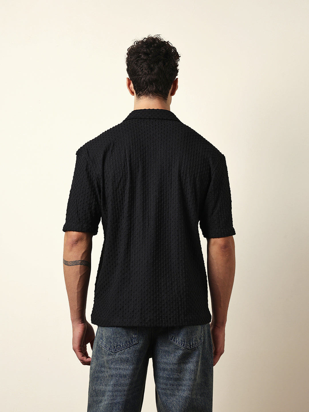 Black Textured Woven Oversized Fit Half Sleeve Casual Shirt