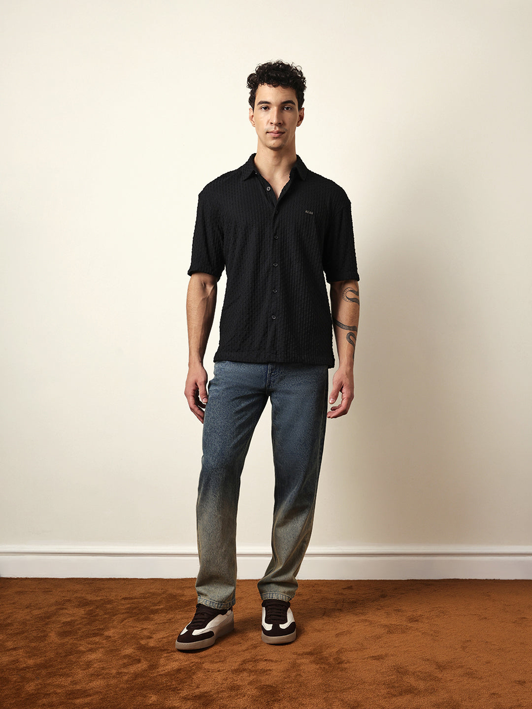 Black Textured Woven Oversized Fit Half Sleeve Casual Shirt