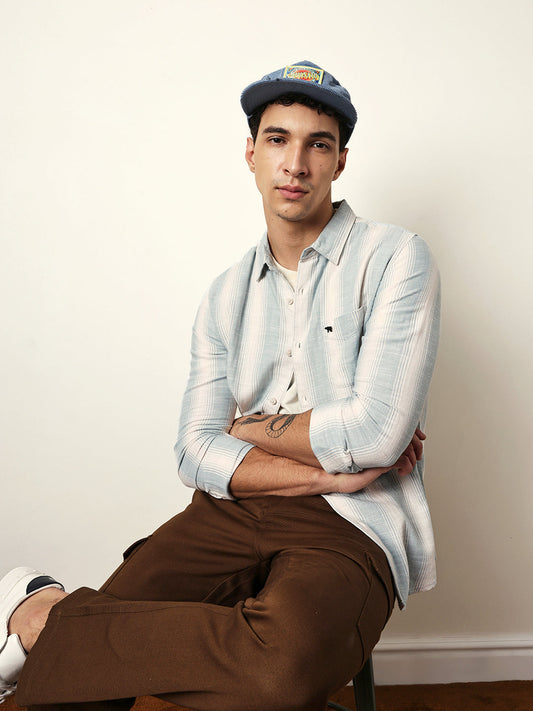 Teal Green with White Herringbone Striped Slim Fit Casual Shirt