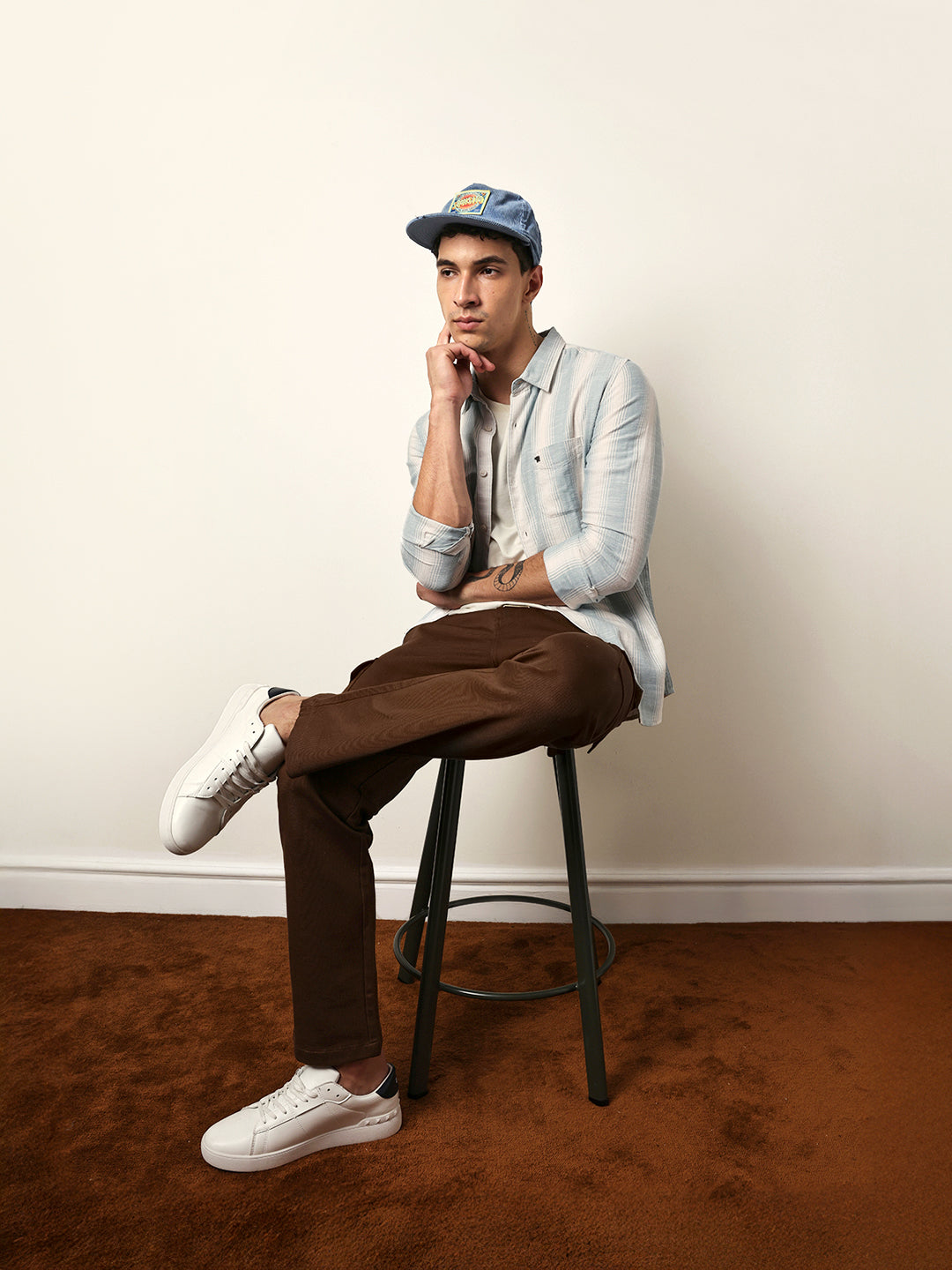 Teal Green with White Herringbone Striped Slim Fit Casual Shirt