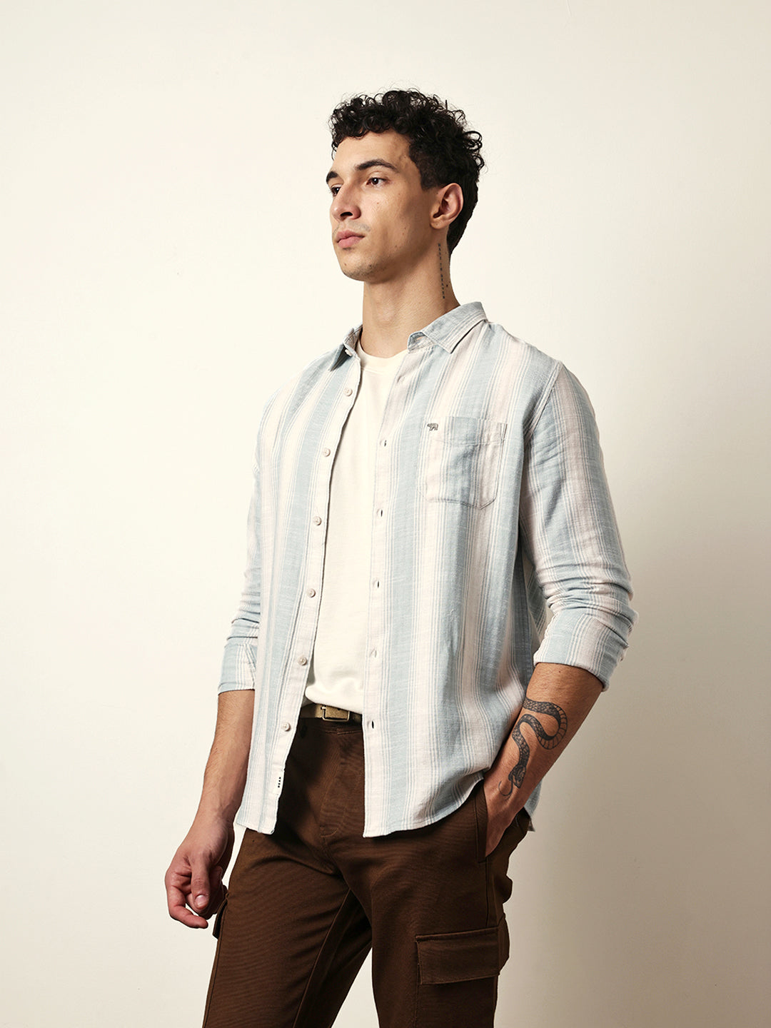 Teal Green with White Herringbone Striped Slim Fit Casual Shirt