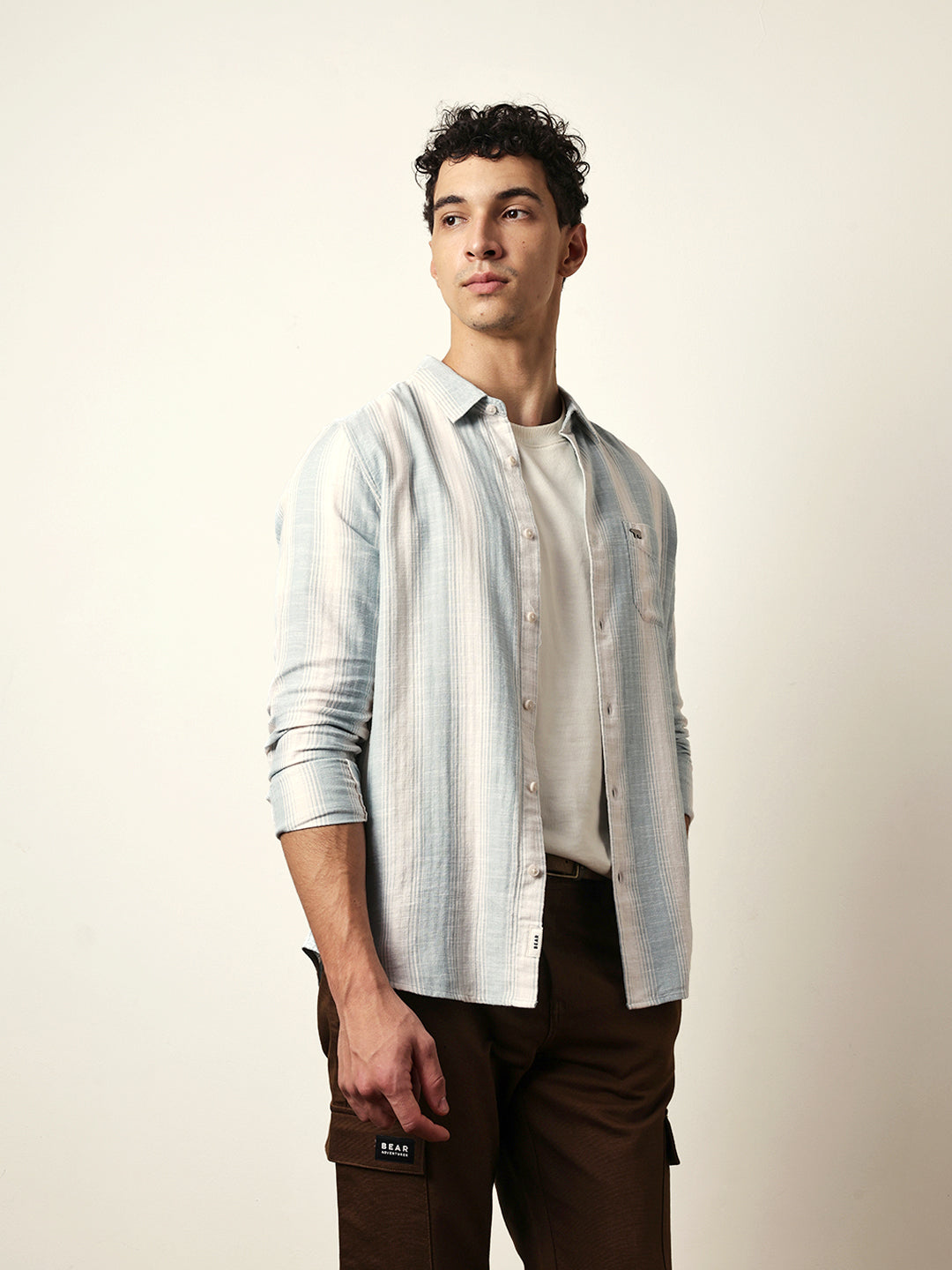 Teal Green with White Herringbone Striped Slim Fit Casual Shirt