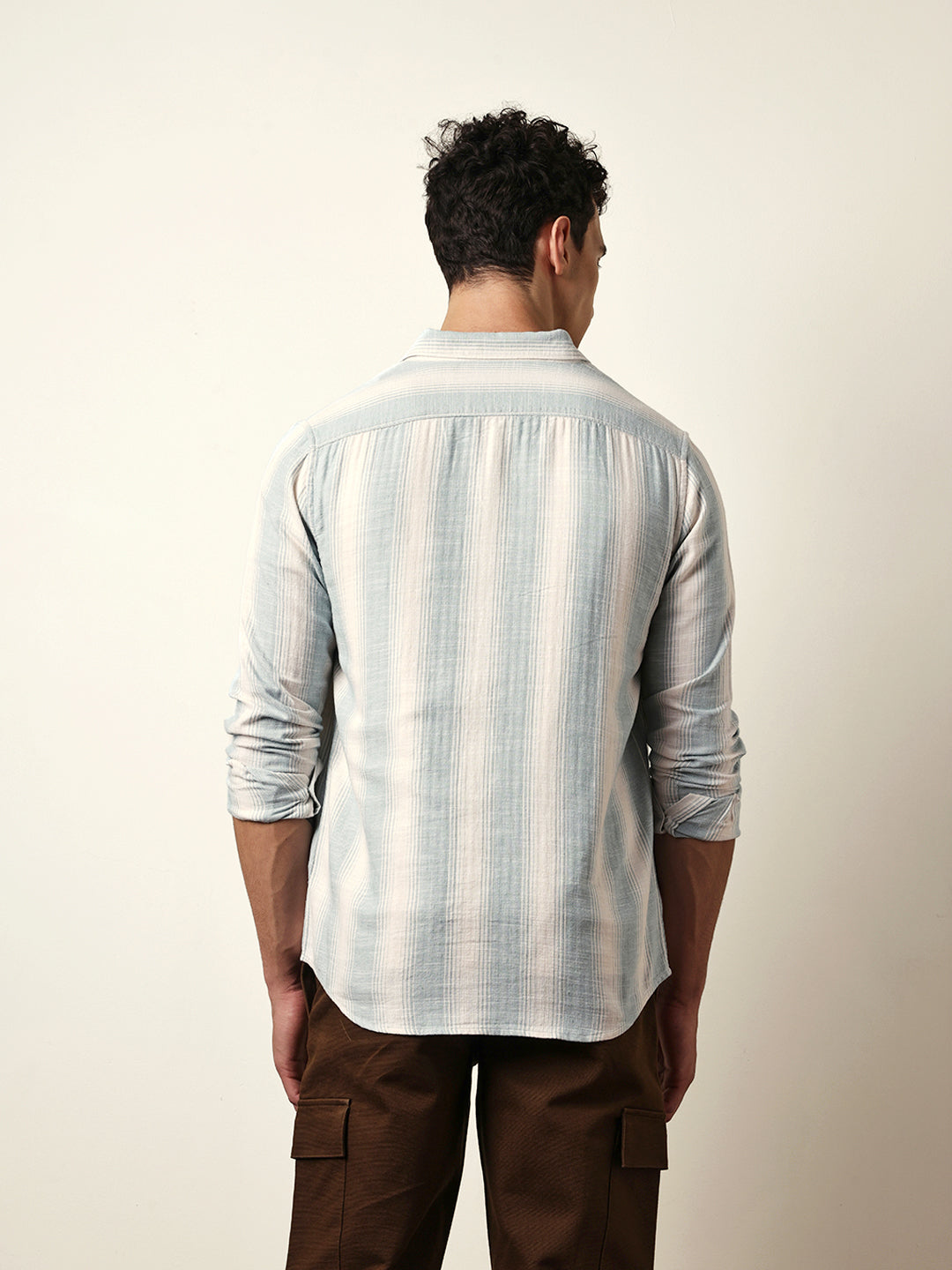Teal Green with White Herringbone Striped Slim Fit Casual Shirt