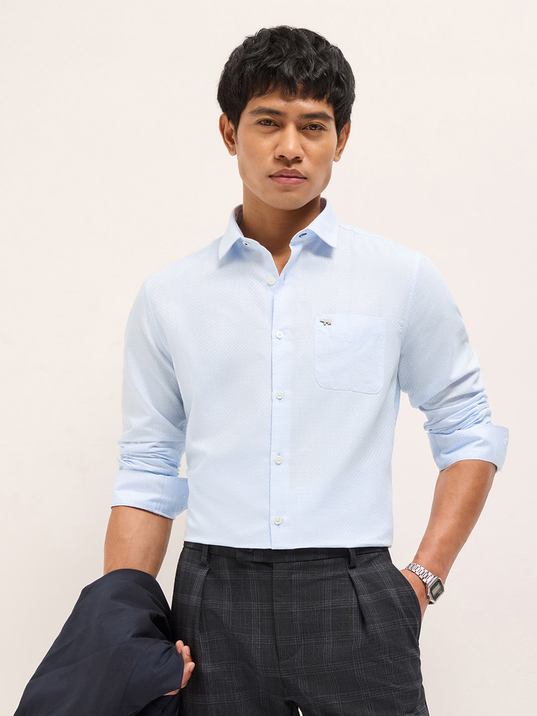 Light Blue Woven Checked Tailored Fit Formal Shirt