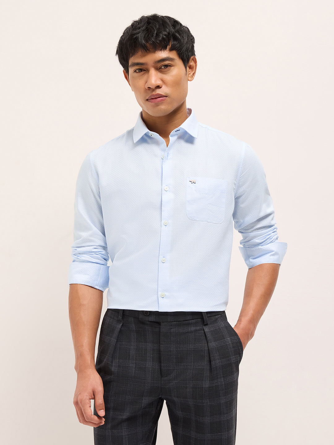Light Blue Woven Checked Tailored Fit Formal Shirt