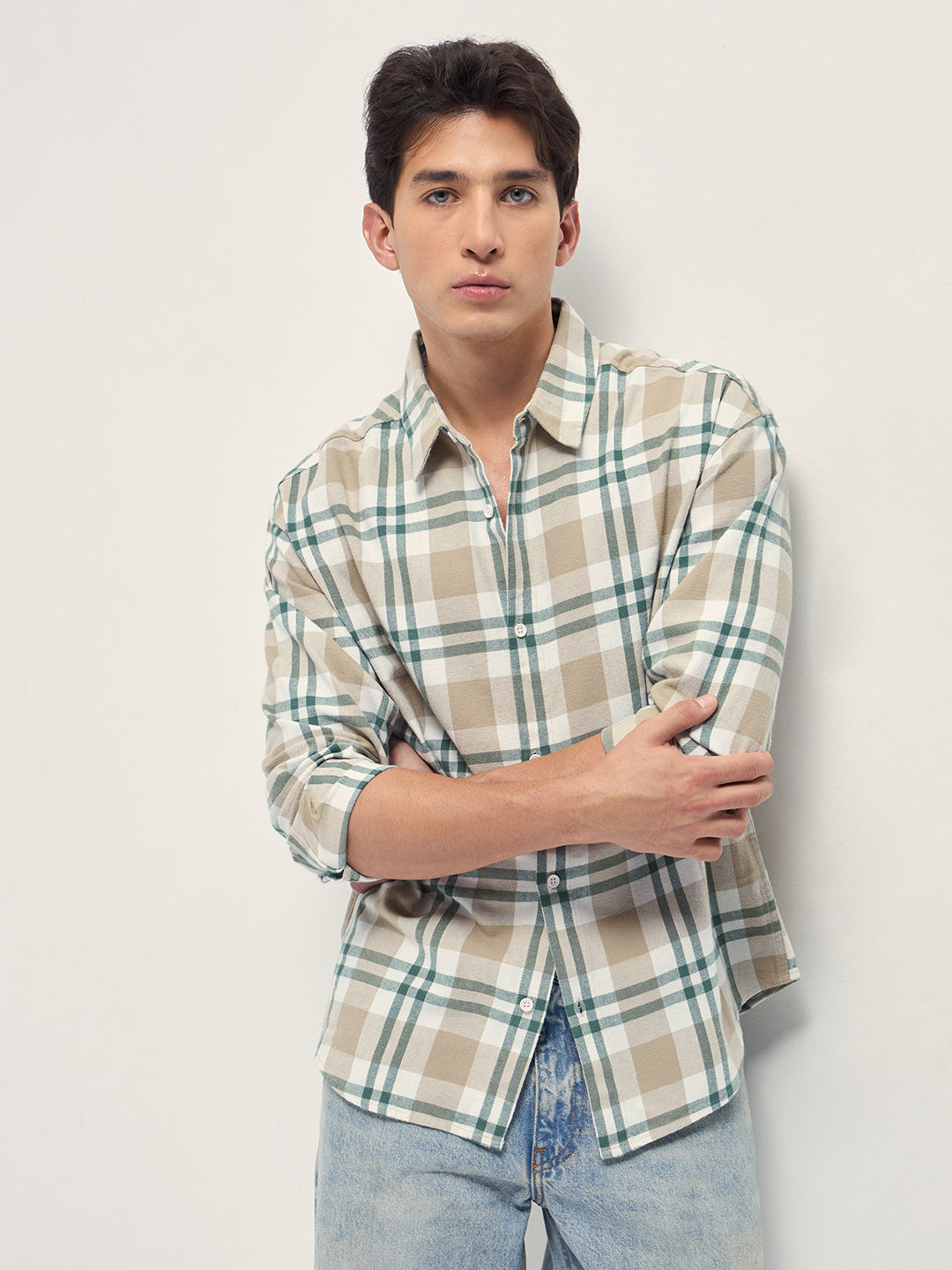 Beige Tartan Check Cotton Relaxed Fit Overshirt