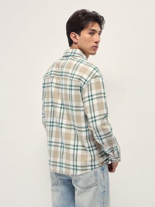 Beige Tartan Check Cotton Relaxed Fit Overshirt
