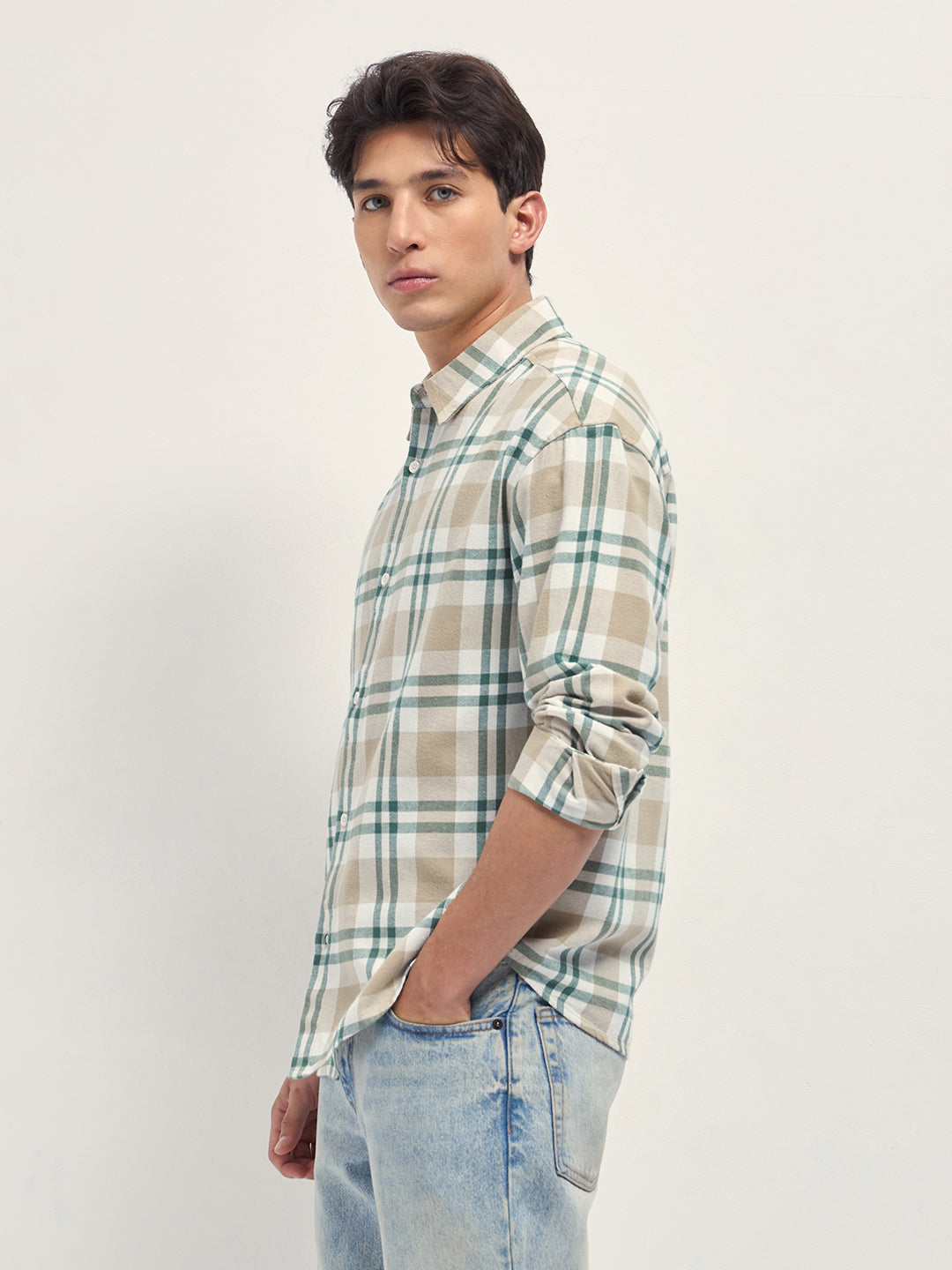 Beige Tartan Check Cotton Relaxed Fit Overshirt