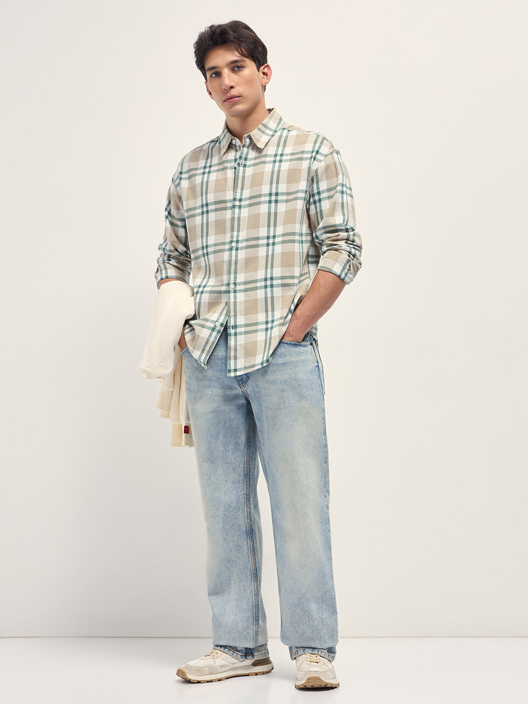 Beige Tartan Check Cotton Relaxed Fit Overshirt