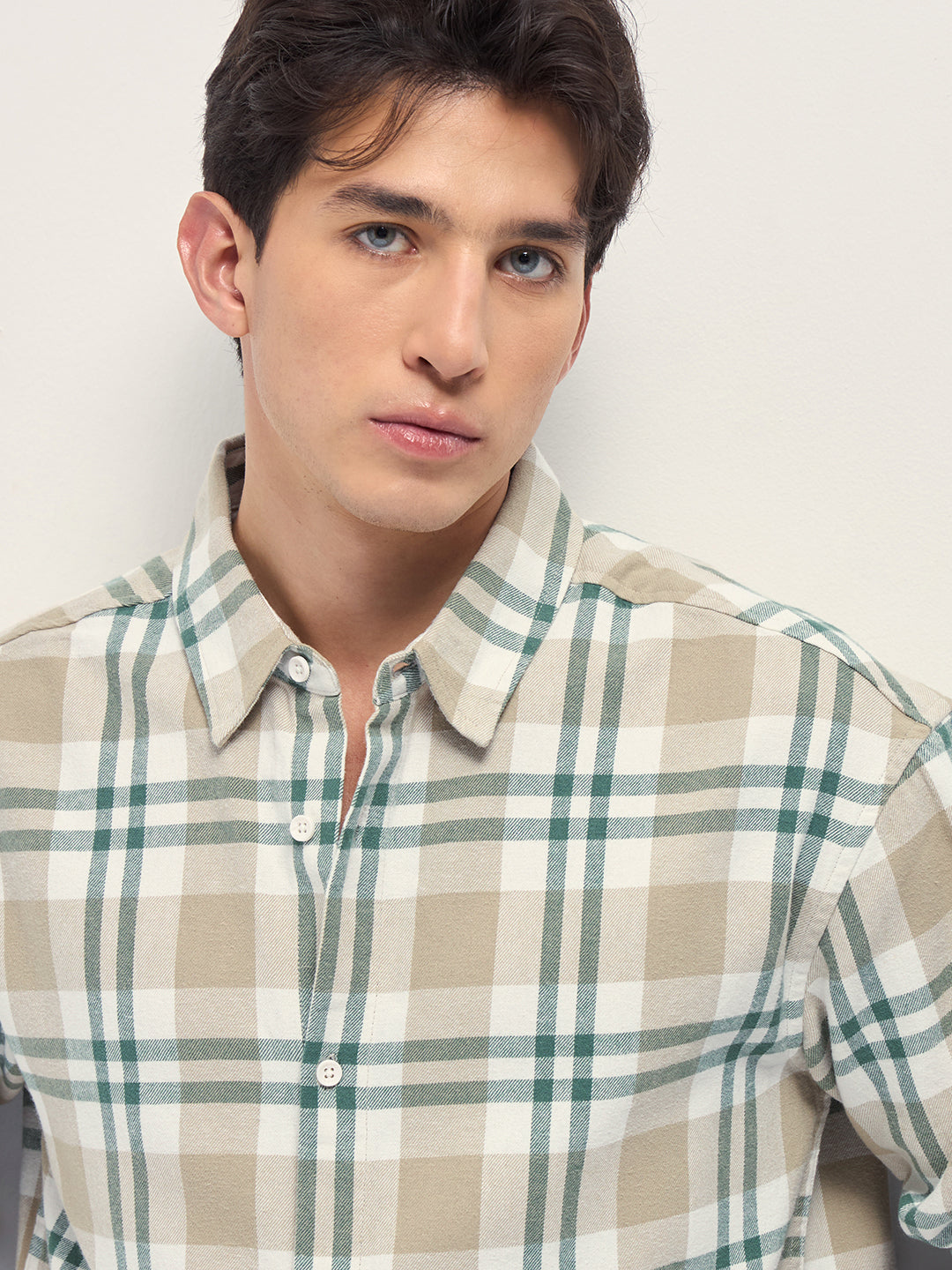 Beige Tartan Check Cotton Relaxed Fit Overshirt