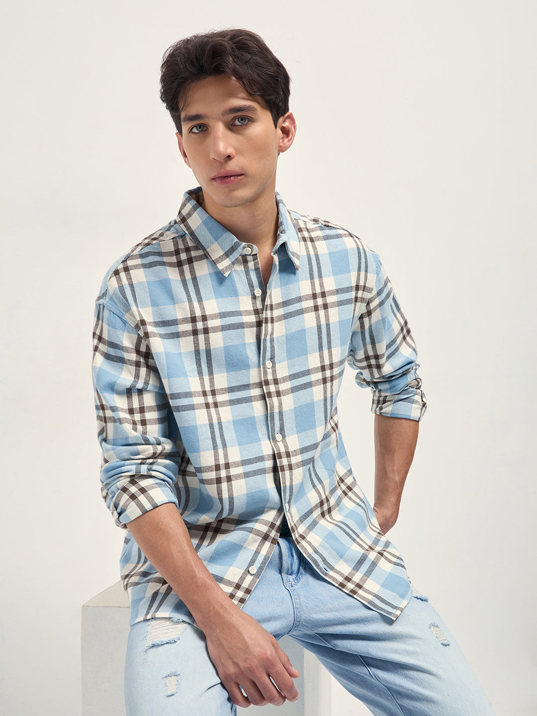 Blue Tartan Check Cotton Relaxed Fit Overshirt