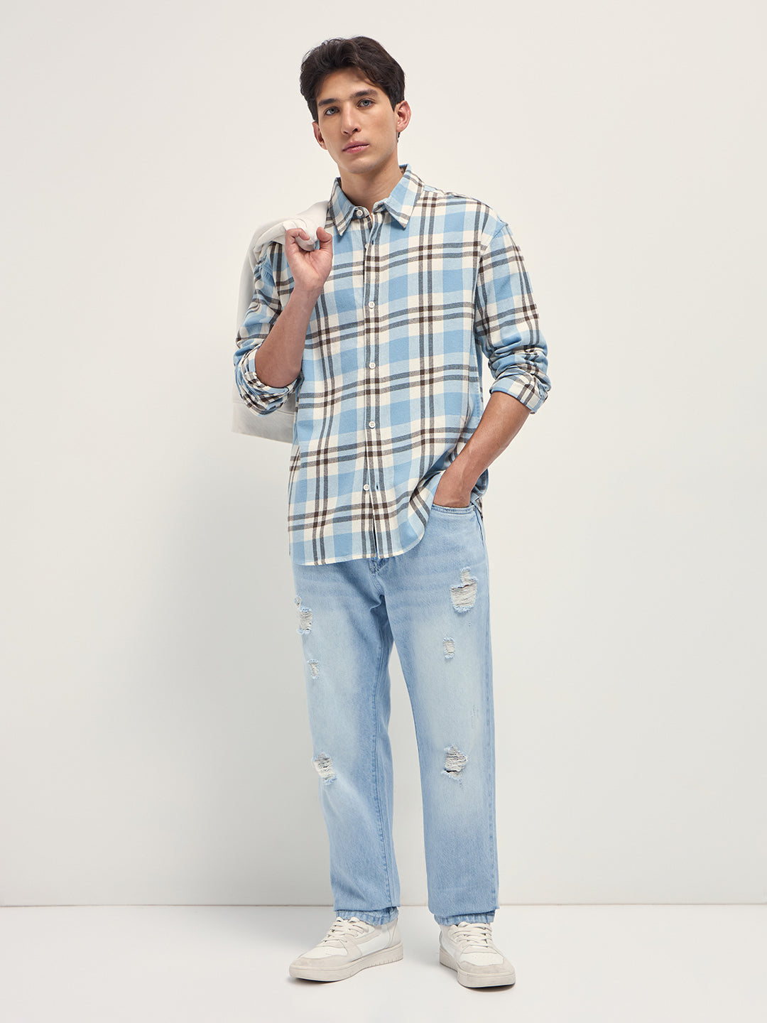 Blue Tartan Check Cotton Relaxed Fit Overshirt
